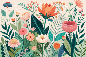 Poster - a colorful floral card with a blue border, floral background with delicate blooms or botanical illustrations