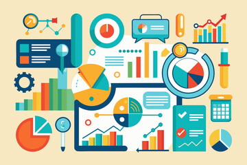 Poster - a flat design of a business plan, infographic symbols to represent different typesdata points, such as percentages, numbers, or trends