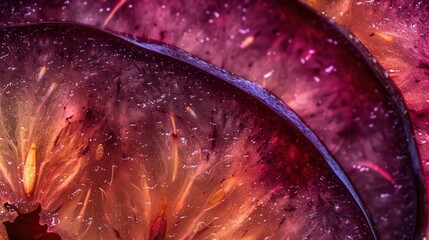 Plum slice macro close-up. Fresh plum texture surface for wallpaper banner background with copyspace