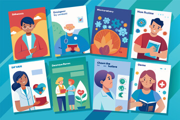 Fototapete - a set of social media banners with people and a phone, seriesinformative pamphlets about common health conditions and treatments