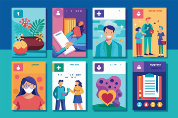 Fototapete - a set of social media banners with people and a phone, seriesinformative pamphlets about common health conditions and treatments