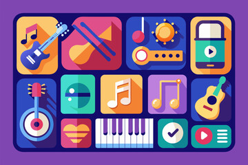 Fototapete - a colorful flat design of music icons, seticons for a music app representing various genres and instruments