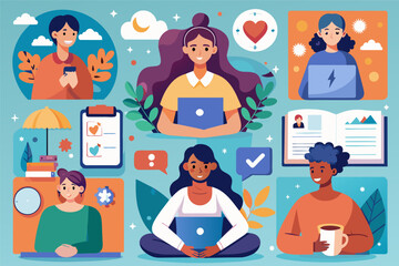 Aufkleber - people are sitting on the floor with laptops and coffee, Write a series blog posts on mental health awareness and self-care strategies
