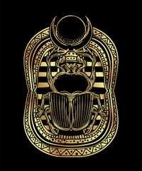 Scarabaeus sacer, Dung beetle. Sacred symbol of in ancient Egypt. Fantasy ornate insects. Hand-drawn vintage vector outline illustration in gold over black. Egyptian sacred wall art logo design