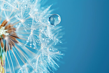 a dandelion seed head with drops of dew against a blue background with bokeh. nature background or w