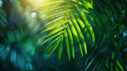 tropical palm leaf and shadow, abstract natural green. light and shadow on palm leaf, dark blue natu