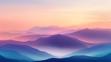 Canvas Print - A soft, colorful, and misty mountain landscape with a pink and orange sky.