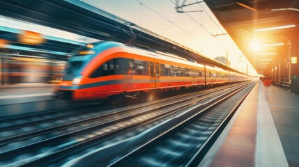 High speed train in motion on the railway station