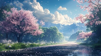 Wall Mural - Serene Springtime Landscape with Cherry Blossoms