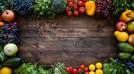Fresh Produce Border on Rustic Wooden Background