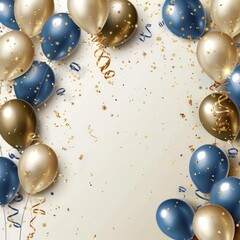 Holiday background with golden and blue metallic balloons, confetti and ribbons. Festive card for birthday party, anniversary, new year, christmas or other events. Copy space area