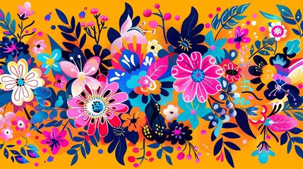 Wall Mural - A vibrant and colorful illustration of flowers with a stylized, almost psychedelic aesthetic.