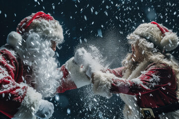 Poster - Two jolly Santas engaging in a playful glove fight amidst a snowy setting, sparking festive cheer and laughter