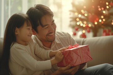 Poster - Tender moment as a father and his young daughter open a Christmas gift together by the tree.