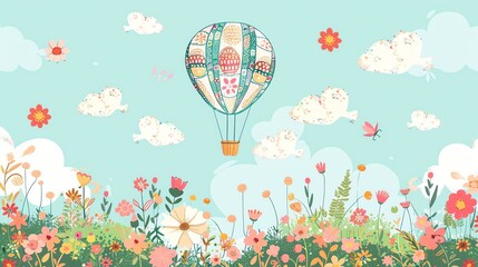 Canvas Print - A whimsical hot air balloon floats above a field of flowers.