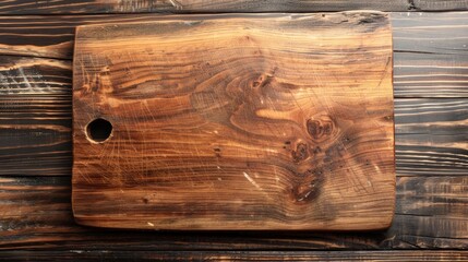 Poster - Wooden cutting board viewed from above placed on a wooden surface