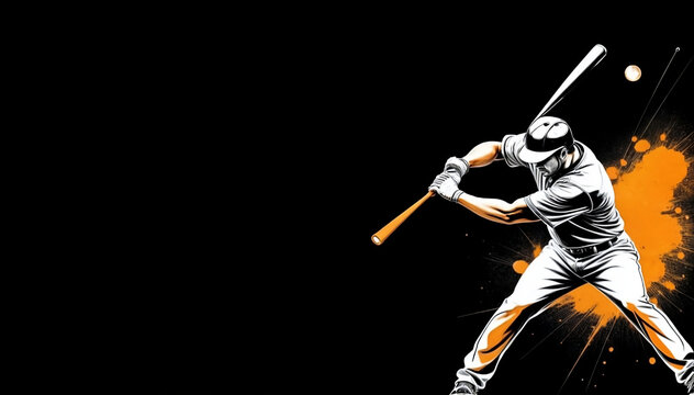 Baseball player hitting ball banner on black background painting art with copy space area for text created with generative ai	