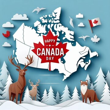 Happy Canada Day background with canada day celebration card with map animal of canada vector illustration paper art style, canada independence day created with generative ai	