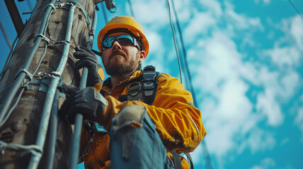 telecommunications worker repairing the network on top of a ladder leaning on a pole.generative ai