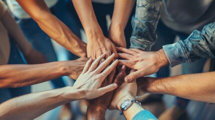 Wall Mural - Multiple hands come together in a stack as a symbol of teamwork and unity in a close-up view