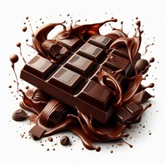 Wall Mural - Delicious chocolate bar with rich chocolate splashes and flows. on white background