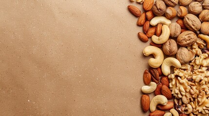 Assortment of Nuts on Brown Paper Background