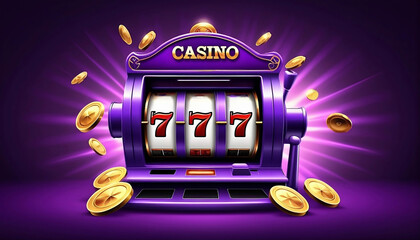 3d casino slot machine purple game background. Lucky gambling banner for jackpot online.Realistic lottery winner illustration with coin. roulette with handle to bet big money concept generative ai