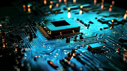 Poster - Close-up of electronic circuit board with glowing lights. Technology background