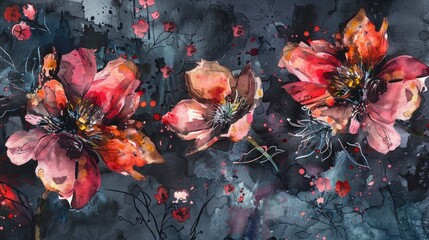 Canvas Print - Floral watercolor on a dark background Collection