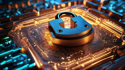 Poster - Digital illustration of a glowing padlock on a circuit board, symbolizing cybersecurity and data protection