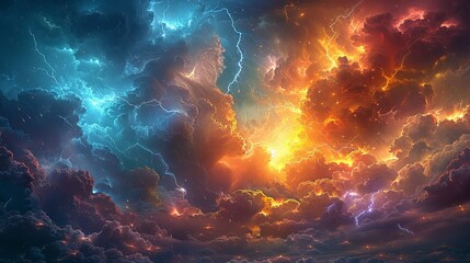 Canvas Print - An evocative scene showcasing a sky filled with dark, swirling storm clouds, intense lightning strikes, heavy rain, and a delicate rainbow appearing, illustrating the coexistence of nature's fury and