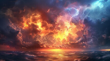 Wall Mural - An image of a sky painted with dark, ominous clouds filled with fury, lightning bolts illuminating the stormy expanse, torrential rain pouring down, and a rainbow appearing, bridging the storm's