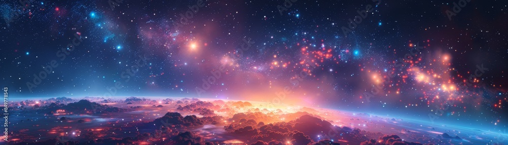 Stunning cosmic landscape with vibrant nebulae, distant stars, and a ...