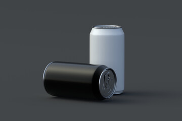 Wall Mural - Two soda cans on black background. Metal tin for beer. Blank jar for juice and other refreshment beverages. Packaging for liquid products. 3d render