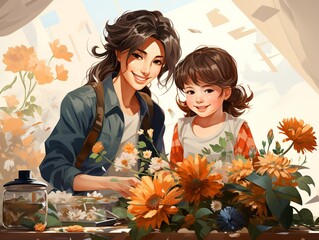 Wall Mural - A mother and daughter planting flowers in the garden of their new house, showcasing a bonding moment and the beauty of creating a welcoming outdoor space. Flat color illustration cartoons character,