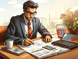 Wall Mural - A close-up of a hand using a calculator with financial reports and charts spread out on a desk, symbolizing precision and detailed financial planning. Flat color illustration cartoons character, full