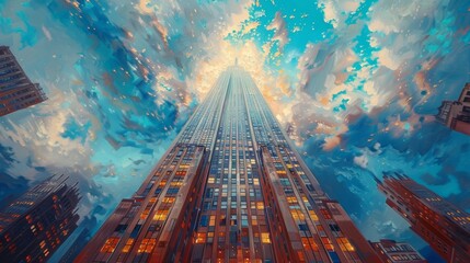surreal urban skyscraper view with a dramatic sky, digital painting style, depicting a modern citysc