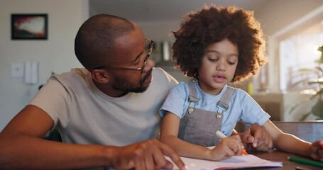 Poster - Teaching, learning and dad with child for home education, development or support with math or language. African family, man or father helping boy or kid with writing skills, test or quiz for homework
