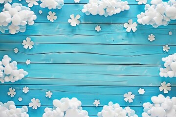 Wall Mural - Cute children or baby background, white clouds on the blue wooden background. HD, realistic, copyspace, Generative ai