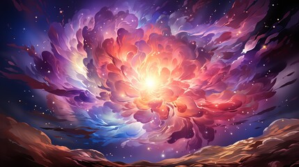 Wall Mural - The birth of the first supernova, shown as a brilliant explosion of light and color, with shockwaves and stellar material radiating outward. Flat color illustration cartoons character, full body,