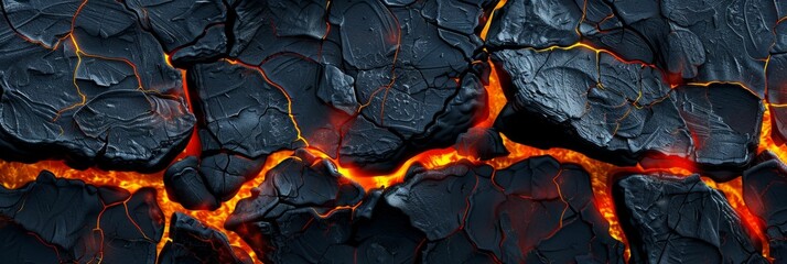 Lava texture background. Hot glowing lava closeup background, black orange heat design, top view. Abstract background of extinct lava with red gaps. 