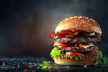 Wall Mural - Delicious, juicy burger layers over a dark background. HD, realistic, copy space, Generative ai