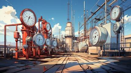 Wall Mural - Gauges and meters measuring pressure and temperature in a refinery, indicating precise control over manufacturing processes. Flat color illustration,