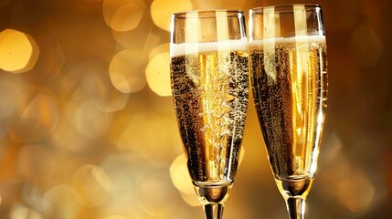 Two glasses of sparkling champagne being clinked together in a celebratory gesture with a bokeh background