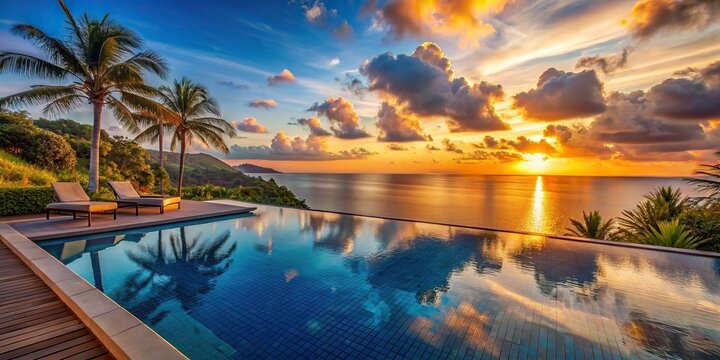 Luxurious infinity pool with a stunning view of tropical sunset , luxury, resort, vacation, relaxation, paradise, serene