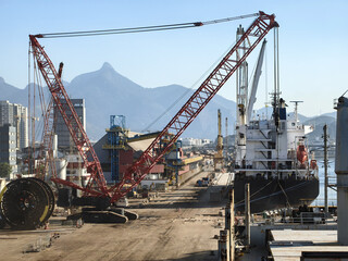 Wall Mural - A huge cargo crane loads a ship at the port