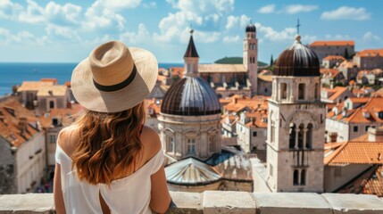 a female tourist in a sunhat enjoys a panoramic view of the ancient city of dubrovnik with its histo