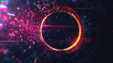 Poster - Glitch circle. Distorted glowing circle cyberpunk style. Futuristic round shape with TV interference effect. Design for promo music events, games, web, banners, backgrounds. 