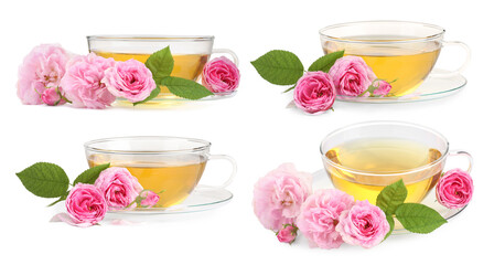 Wall Mural - Delicious herbal tea in cups and beautiful flowers on white background, set