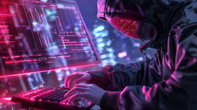 Hacker tapping computer keyboard, hologram data graph background, stealing information